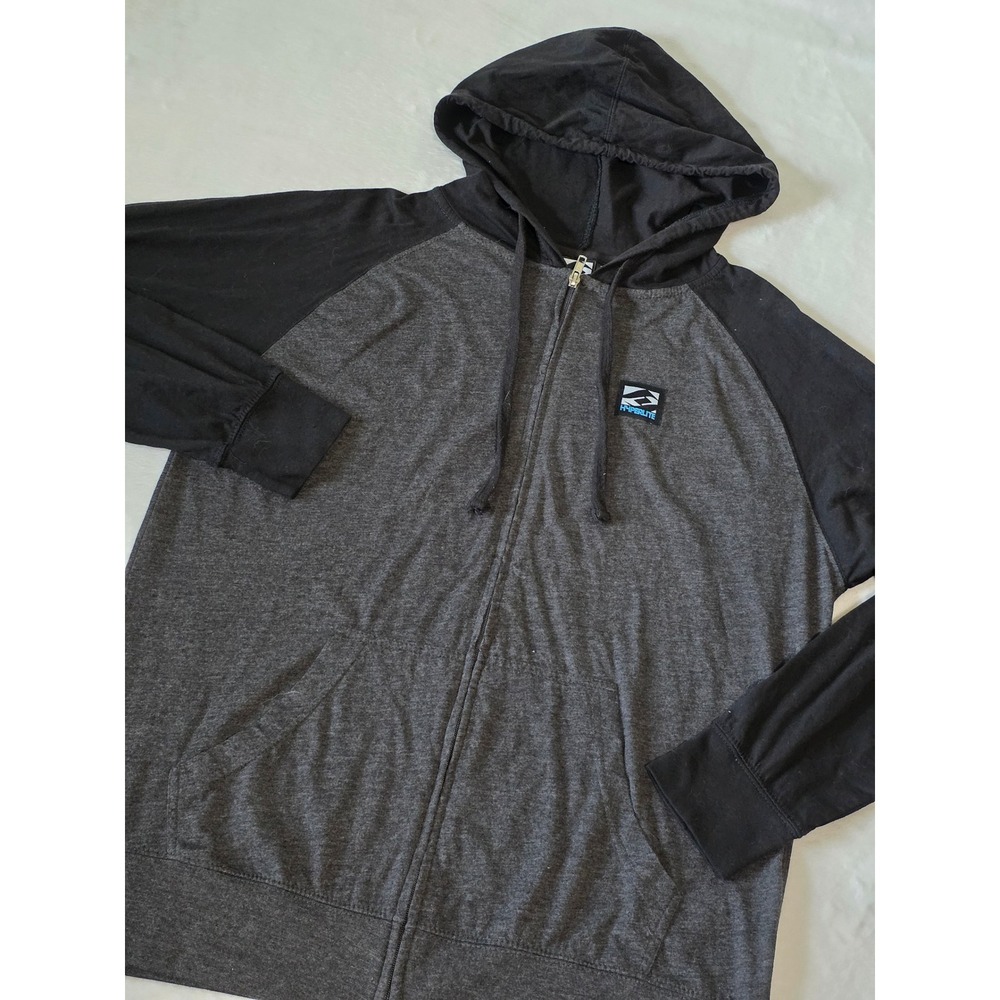 Hyperlite Mens L Full Zip Hood Charcoal Grey Black Raglan Lightweight Sweatshirt